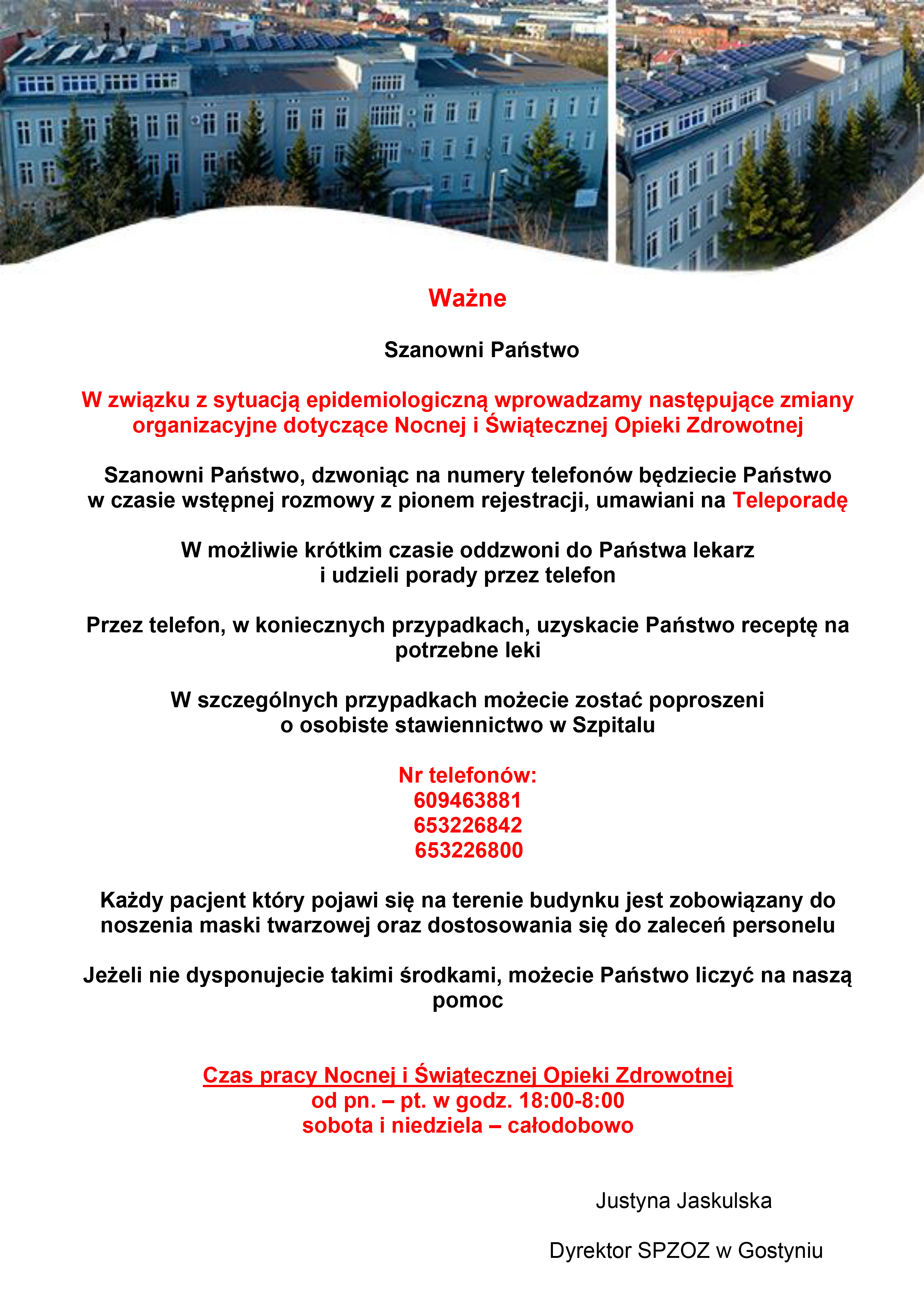 Plakat z informacjami o funkcjonowaniu szpitala w Gostyniu.